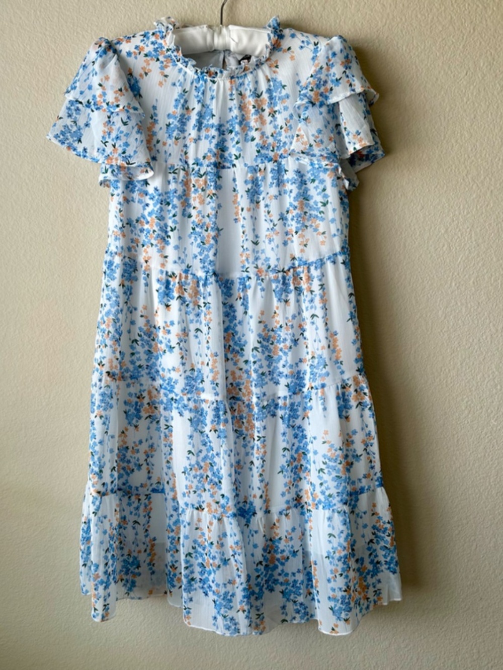 Blue Orange Floral Dress Short Layered Sleeves Ruffle Neck Shein Size Small - Picture 3 of 12